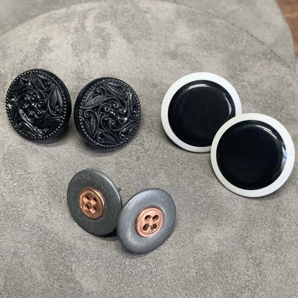 Vintage Earring Lot Button Style Earrings Mixed Materials 3 Pairs Textured